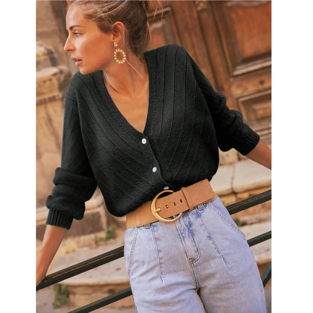 V-Cut Buttoned Down Black  Knit Cardigan Textured, Long Sleeve - Picture 2 of 7